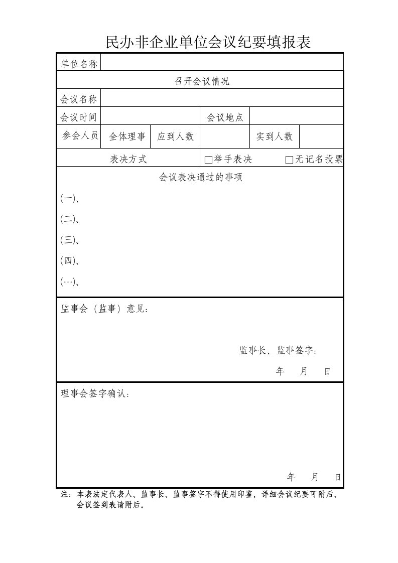 民办非企业单位会议纪要填报表