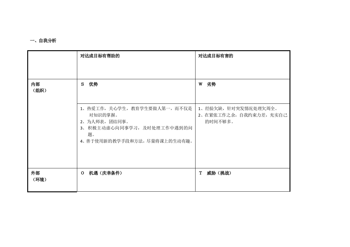 任务表单：爱平的个人自我诊断SWOT分析表