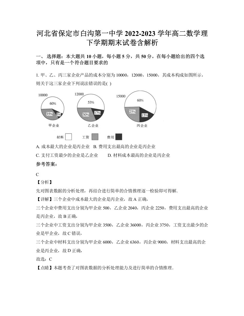 河北省保定市白沟第一中学2022-2023学年高二数学理下学期期末试卷含解析