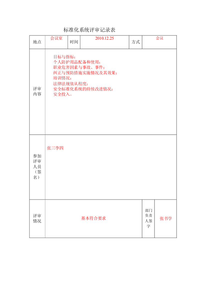 标准化系统评审记录表