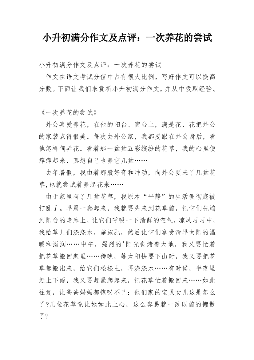 小升初满分作文及点评：一次养花的尝试