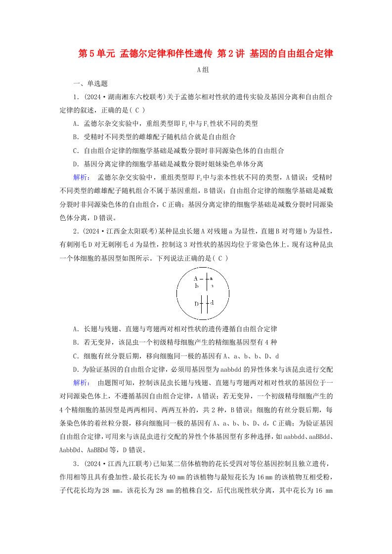 2025版高考生物一轮总复习必修2第5单元孟德尔定律和伴性遗传第2讲基因的自由组合定律提能训练