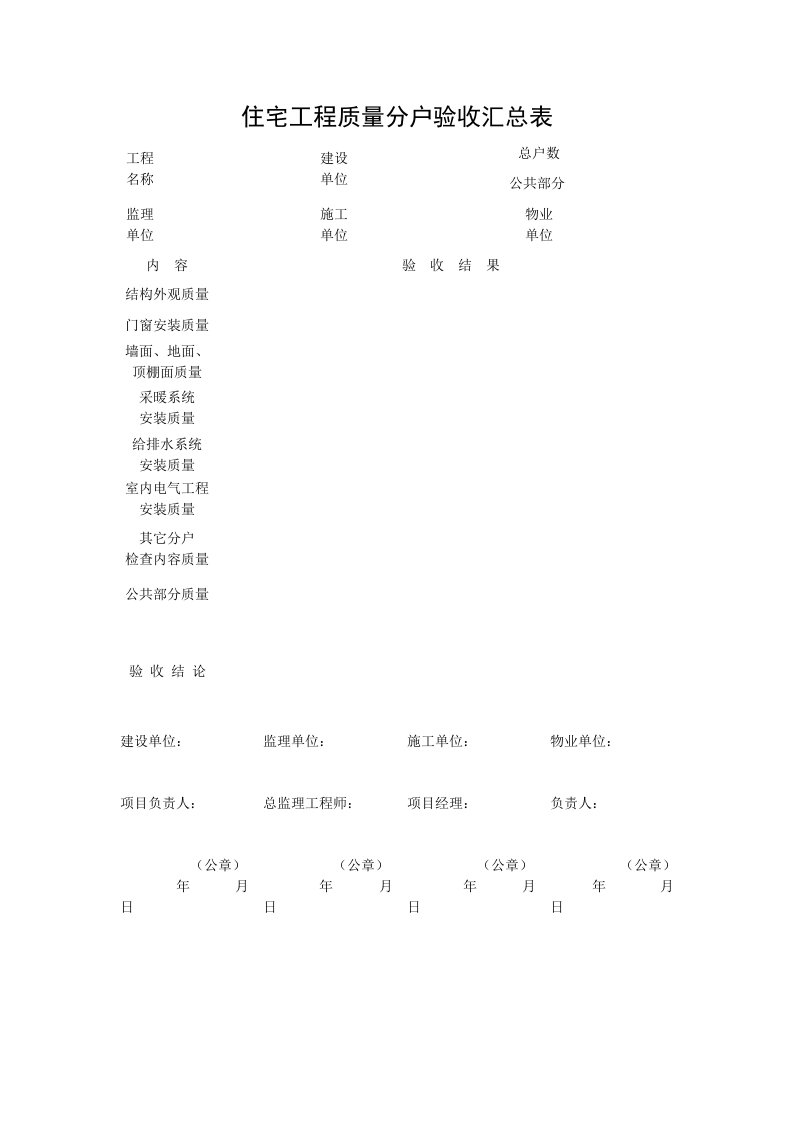 住宅工程质量分户验收汇总表