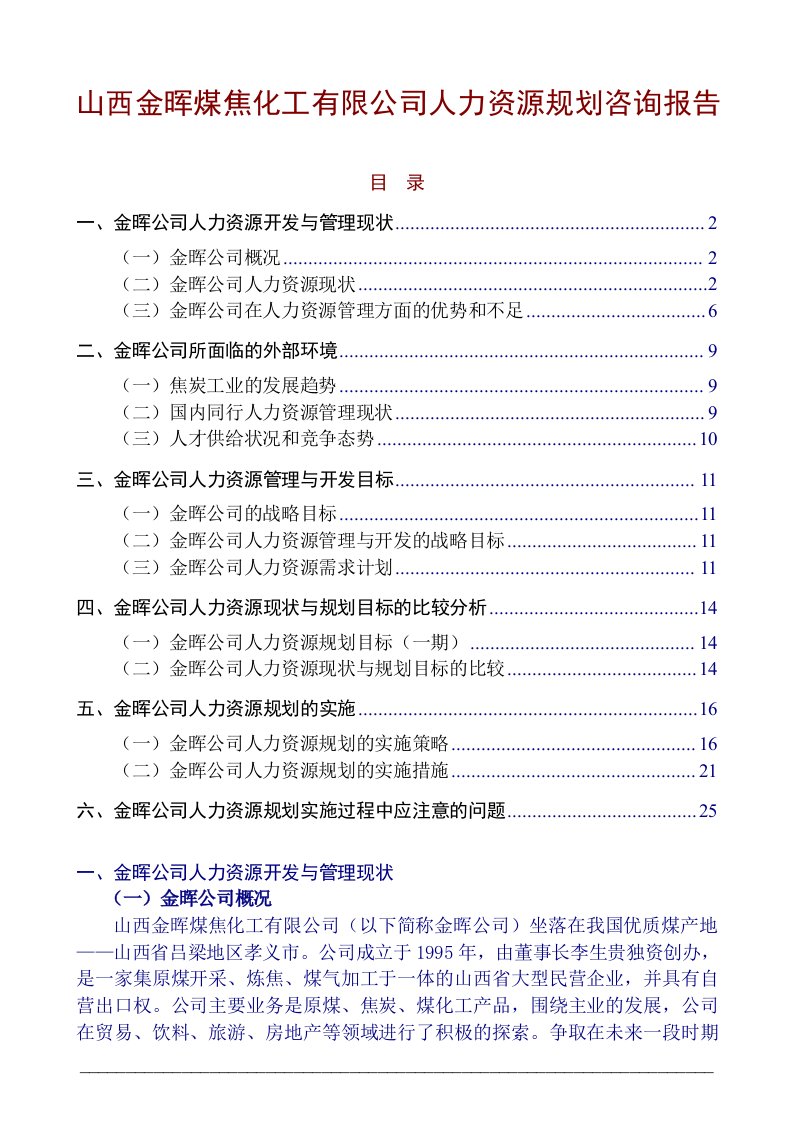 山西金晖煤焦化工有限公司人力资源规划咨询报告（DOC