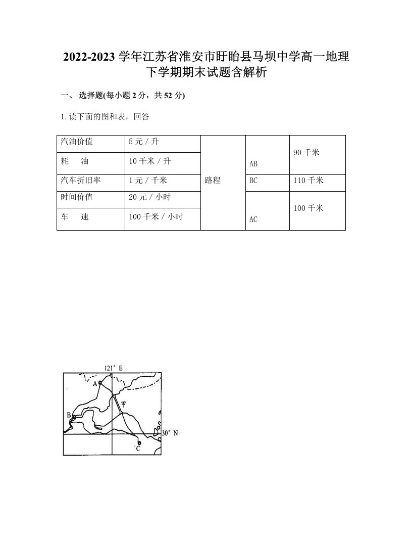 2022-2023学年江苏省淮安市盱眙县马坝中学高一地理下学期期末试题含解析