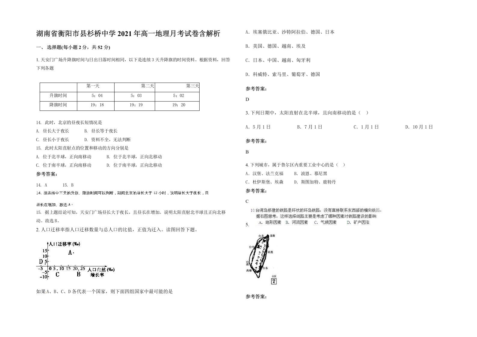 湖南省衡阳市县杉桥中学2021年高一地理月考试卷含解析