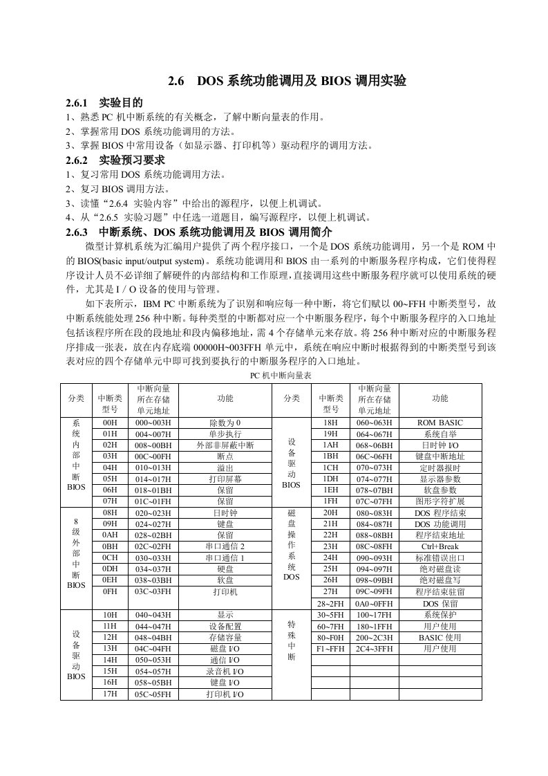 DOS系统功能调用及BIOS调用实验