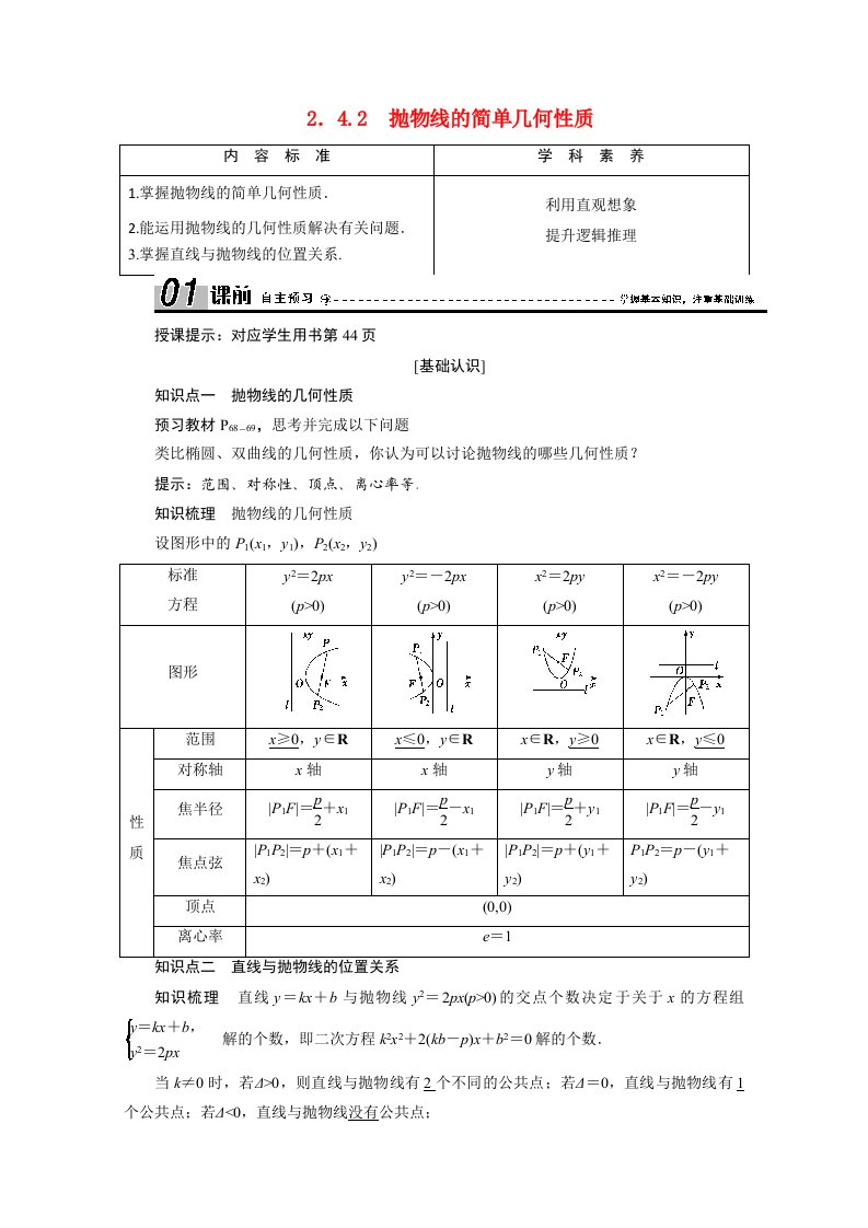 2020_2021学年高中数学第二章圆锥曲线与方程2.4.2抛物线的简单几何性质学案含解析新人教A版选修2_1