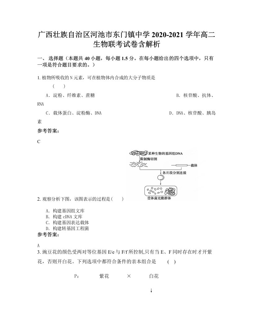 广西壮族自治区河池市东门镇中学2020-2021学年高二生物联考试卷含解析