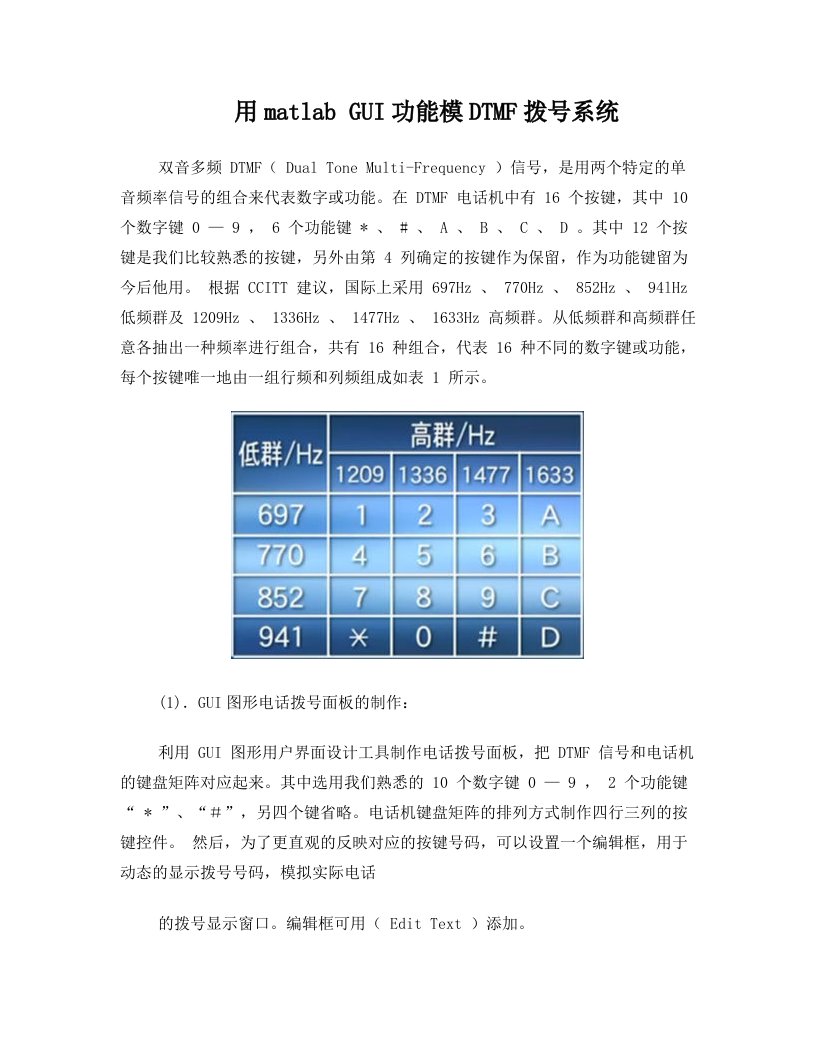 用matlab+GUI功能模拟DTMF拨号系统