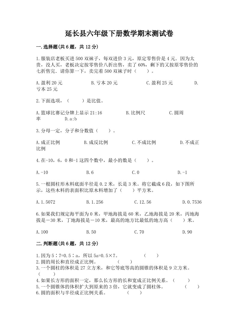 延长县六年级下册数学期末测试卷（历年真题）