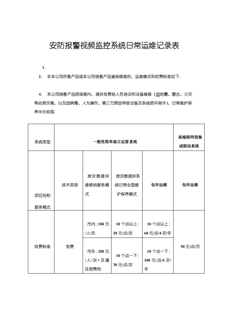 安防监控系统维护收费标准及检测研究报告表格