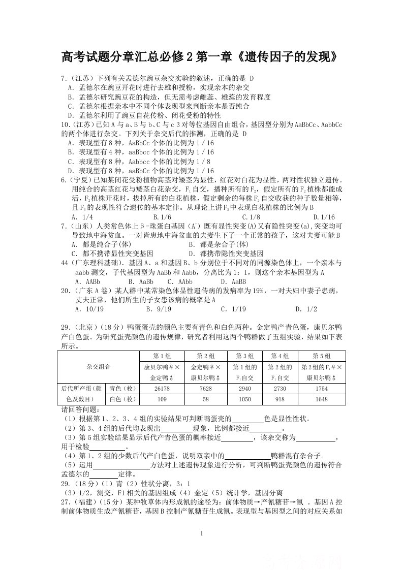 高考试题分章汇总必修2第一章《遗传因子的发现》