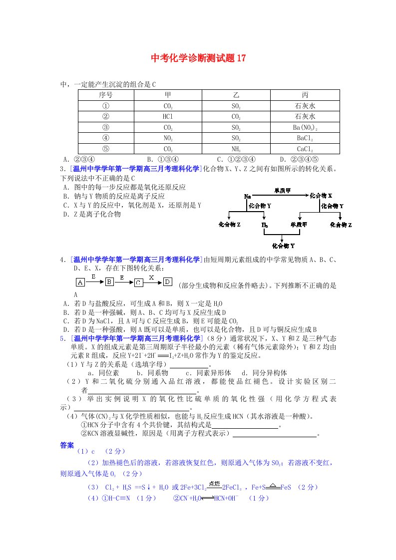 中考化学诊断测试题17