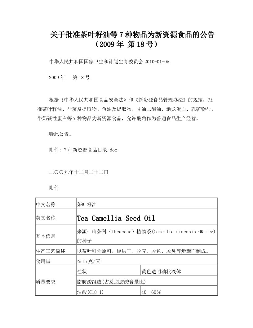 2009.18.关于批准茶叶籽油等7种物品为新资源食品的公告(2009年+第18号)