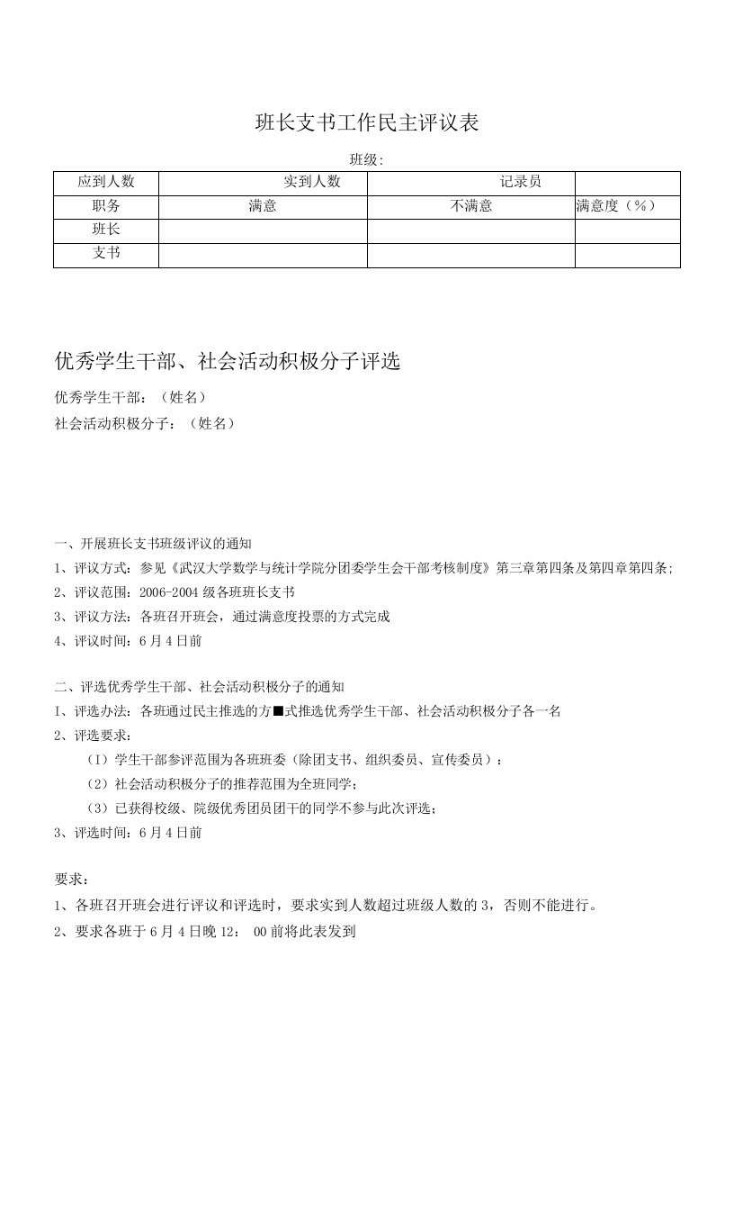 班长支书工作民主评议表