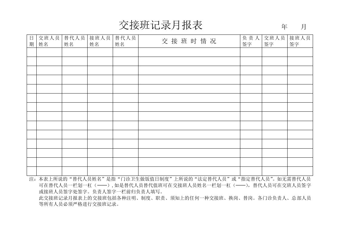 交接班记录月报表