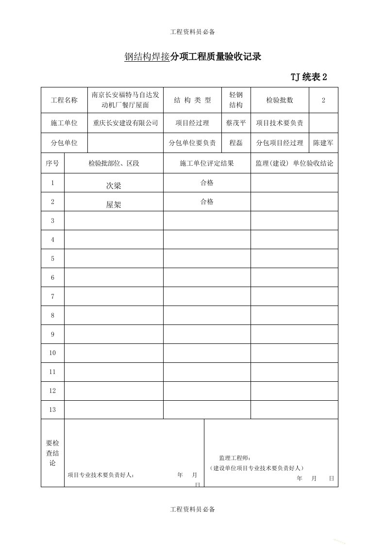 钢结构焊接分项工程质量验收记录