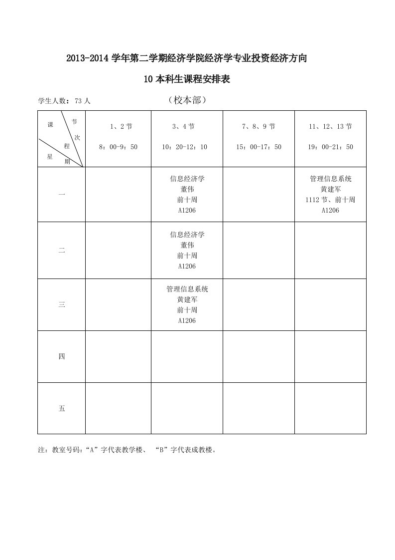 经院第二学期课程表