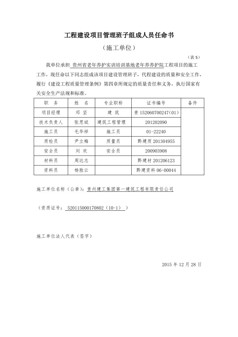 工程建设项目管理班子组成人员任命书