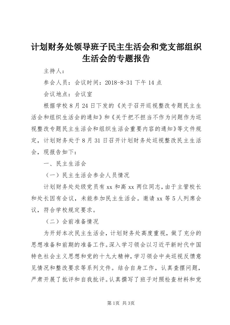 3计划财务处领导班子民主生活会和党支部组织生活会的专题报告