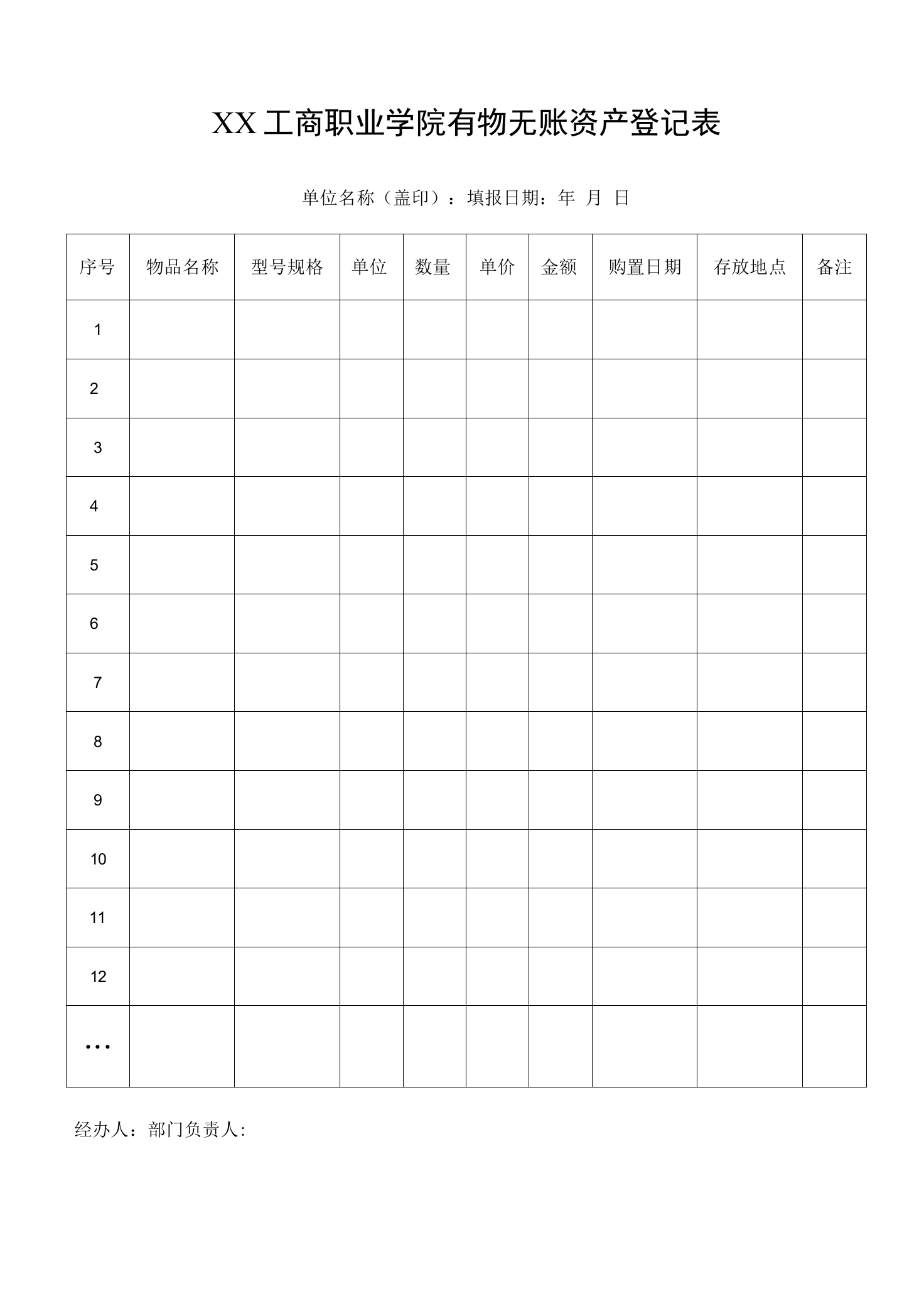 XX工商职业学院有物无账资产登记表