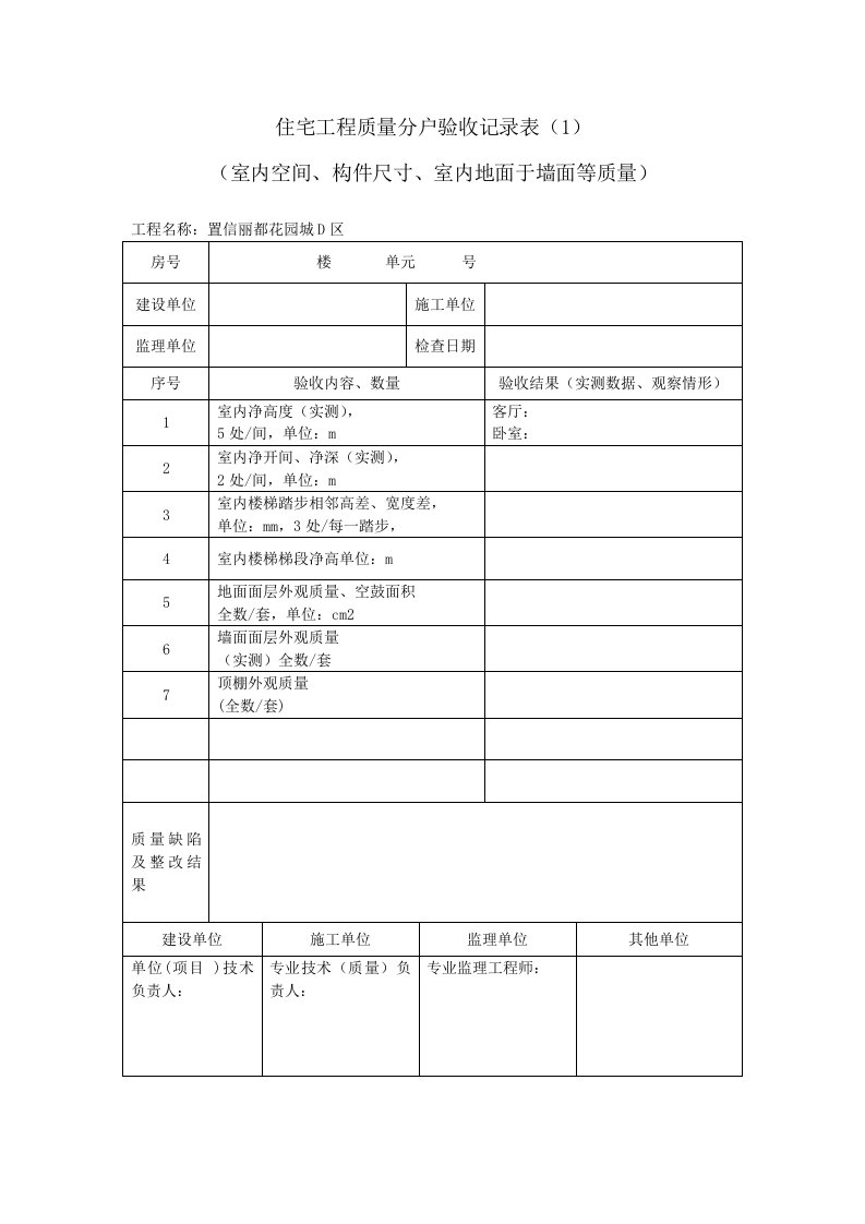 住宅工程质量分户验收记录表