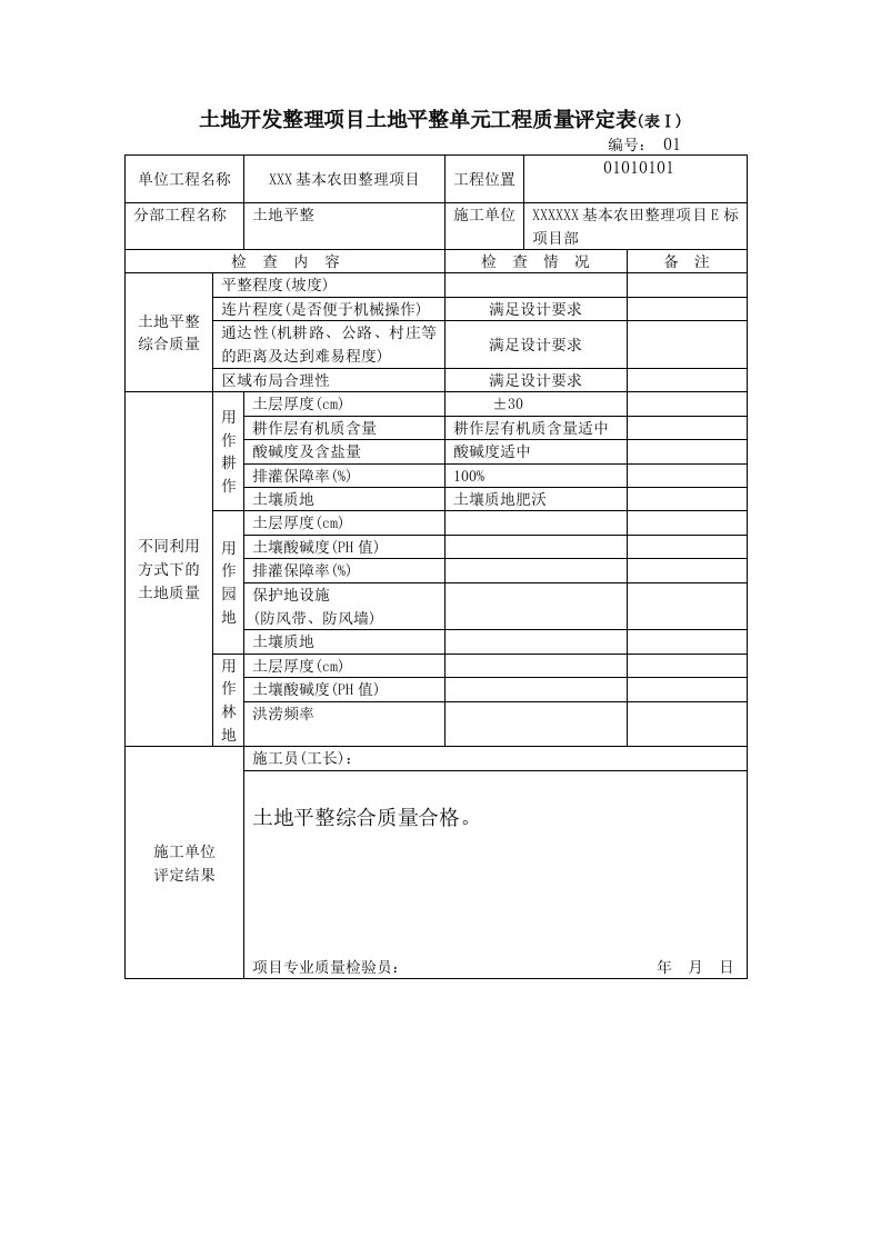 土地开发整理项目土地平整单元工程质量评定表填写范例