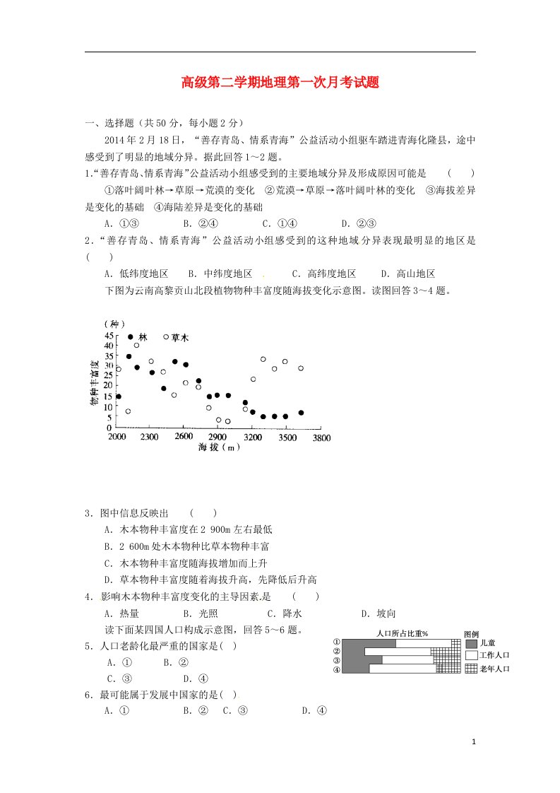 四川省资阳中学高一地理下学期第一次月考试题（无答案）