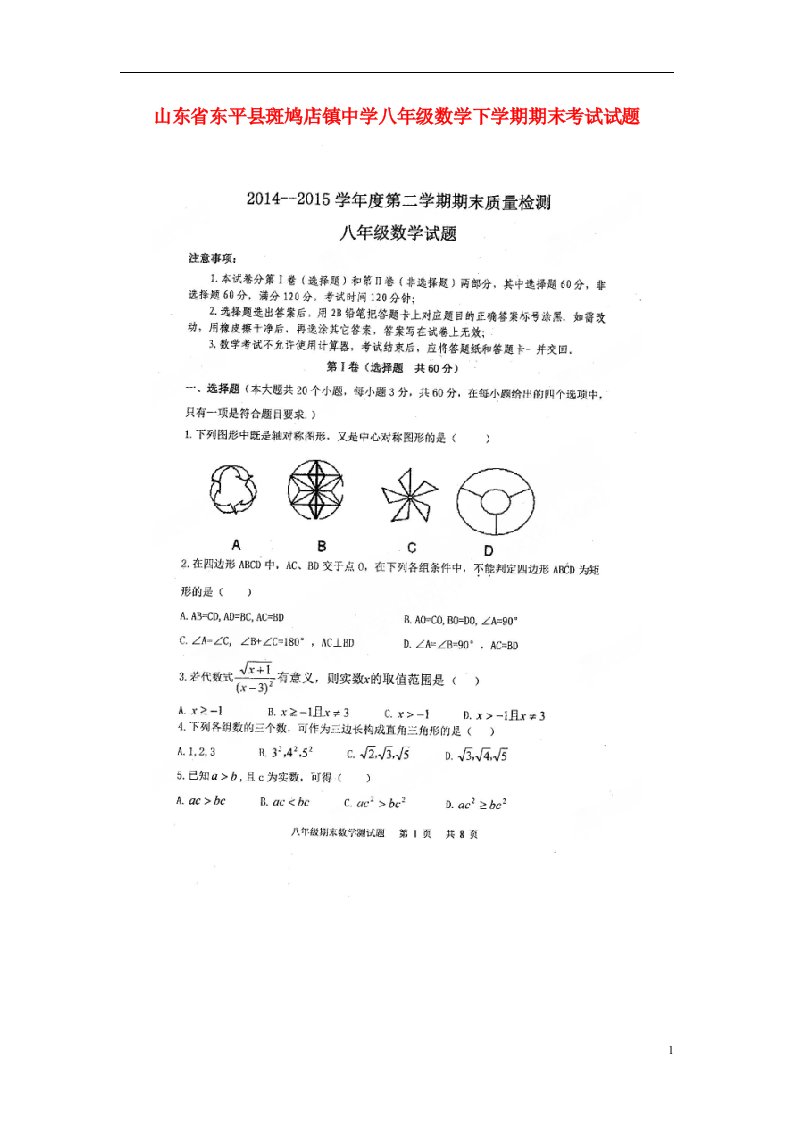 山东省东平县斑鸠店镇中学八级数学下学期期末考试试题（扫描版，无答案）