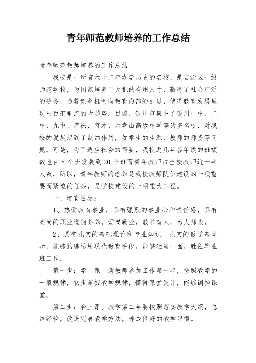 青年师范教师培养的工作总结