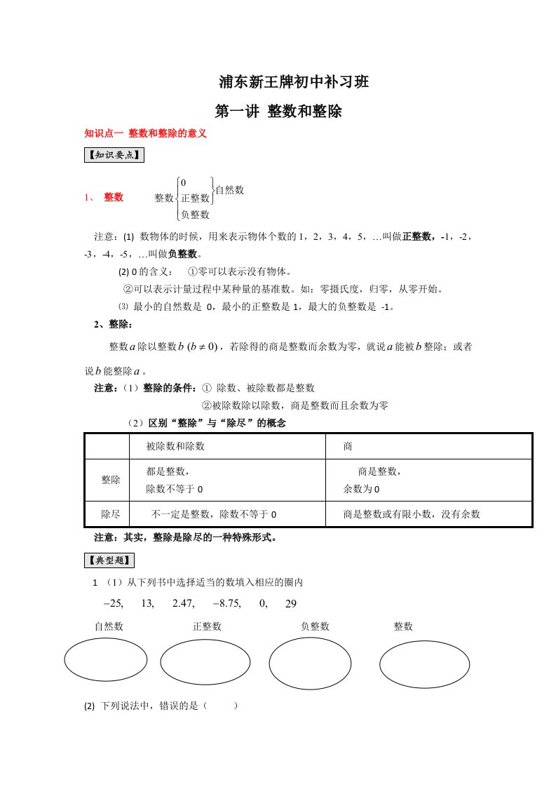 浦东新王牌培训班2016秋季教学资料预初数学孙ZC老师