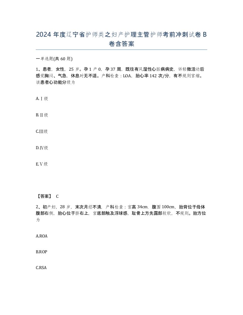 2024年度辽宁省护师类之妇产护理主管护师考前冲刺试卷B卷含答案