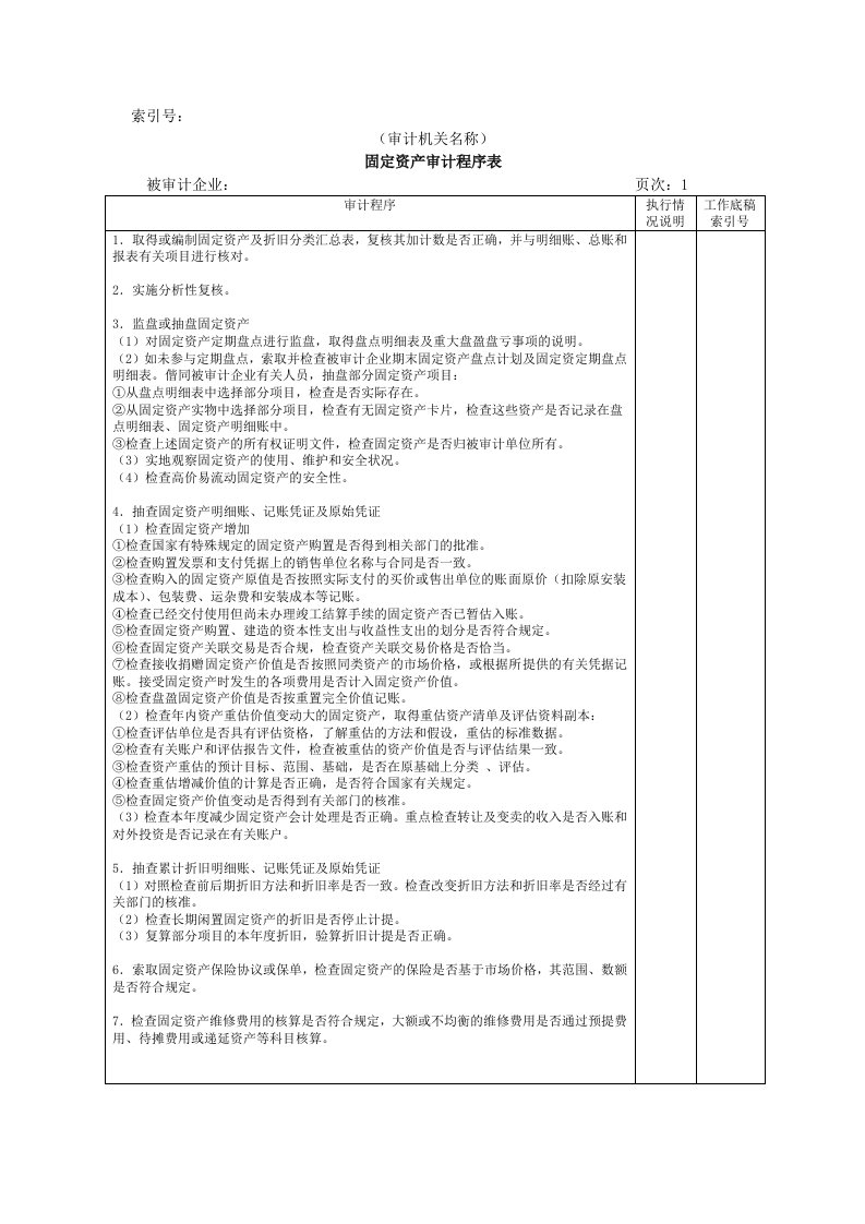 非流动资产W02固定资产审计程序表