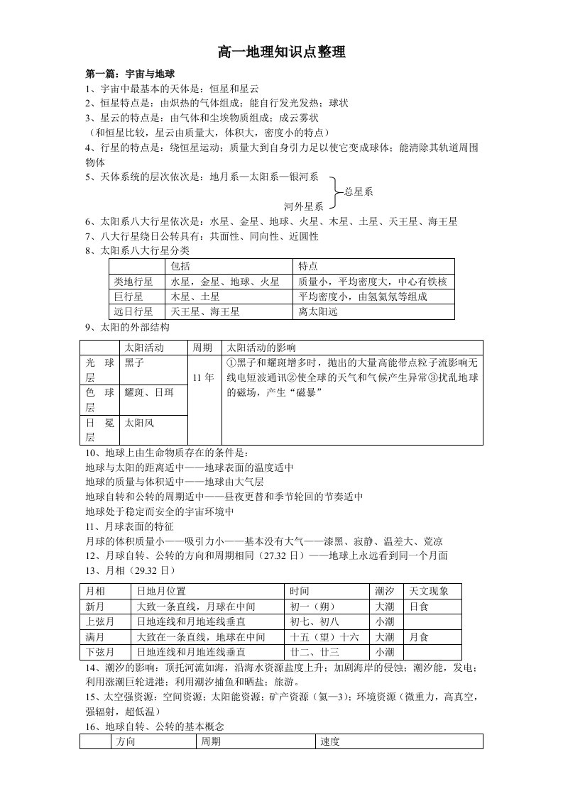 高一地理上册知识梳理