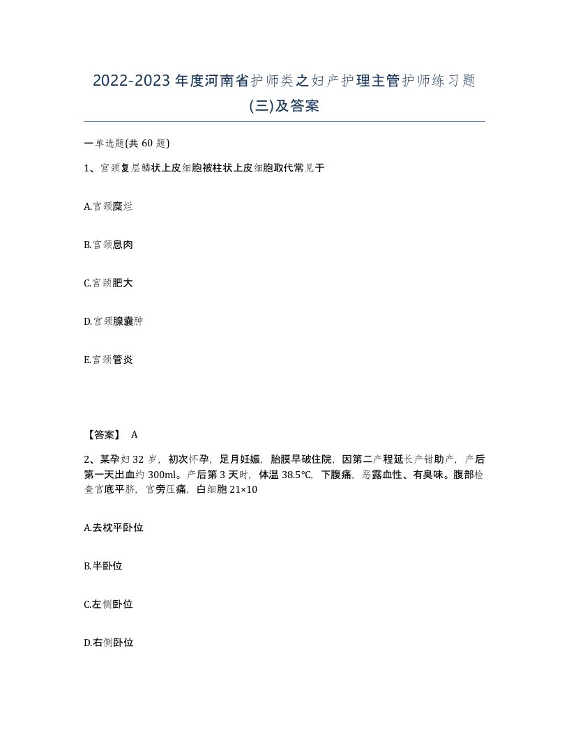 2022-2023年度河南省护师类之妇产护理主管护师练习题三及答案