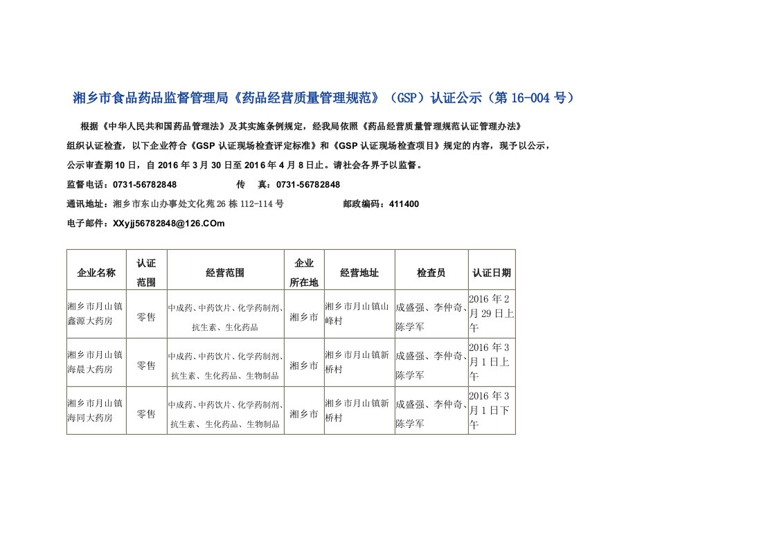 湘乡市食品药品监督管理局药品经营质量管理规范GSP