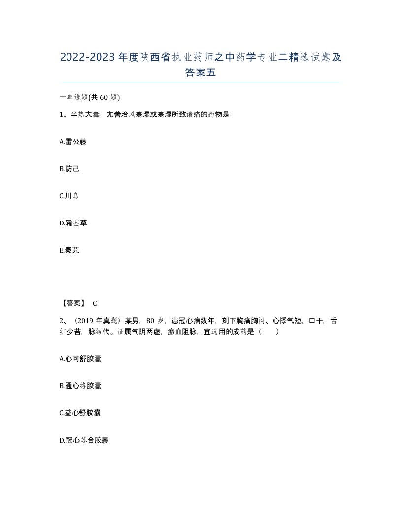 2022-2023年度陕西省执业药师之中药学专业二试题及答案五