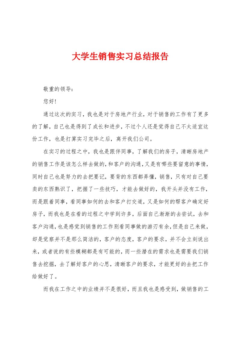 大学生销售实习总结报告