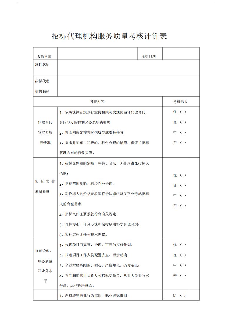 招标代理机构服务质量考核评价标准表