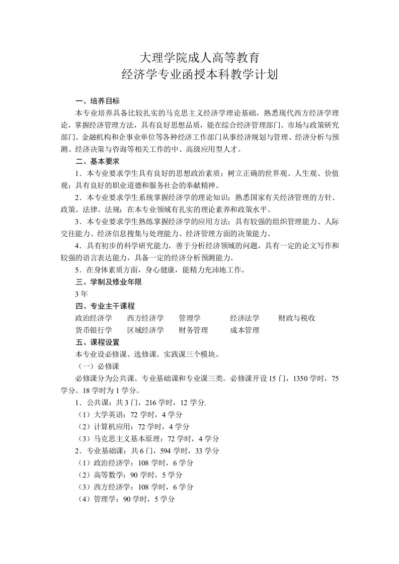 经济学专业函授本科教学计划