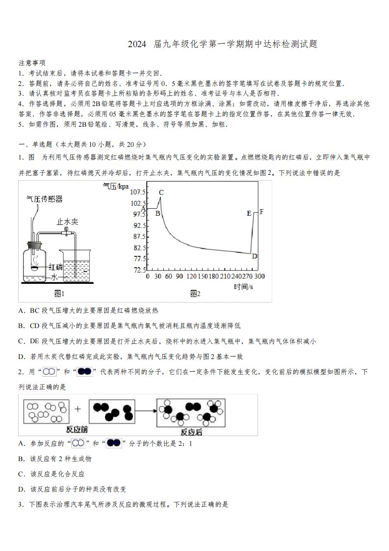 浙江省嘉兴市2024届九年级化学第一学期期中达标检测试题含解析