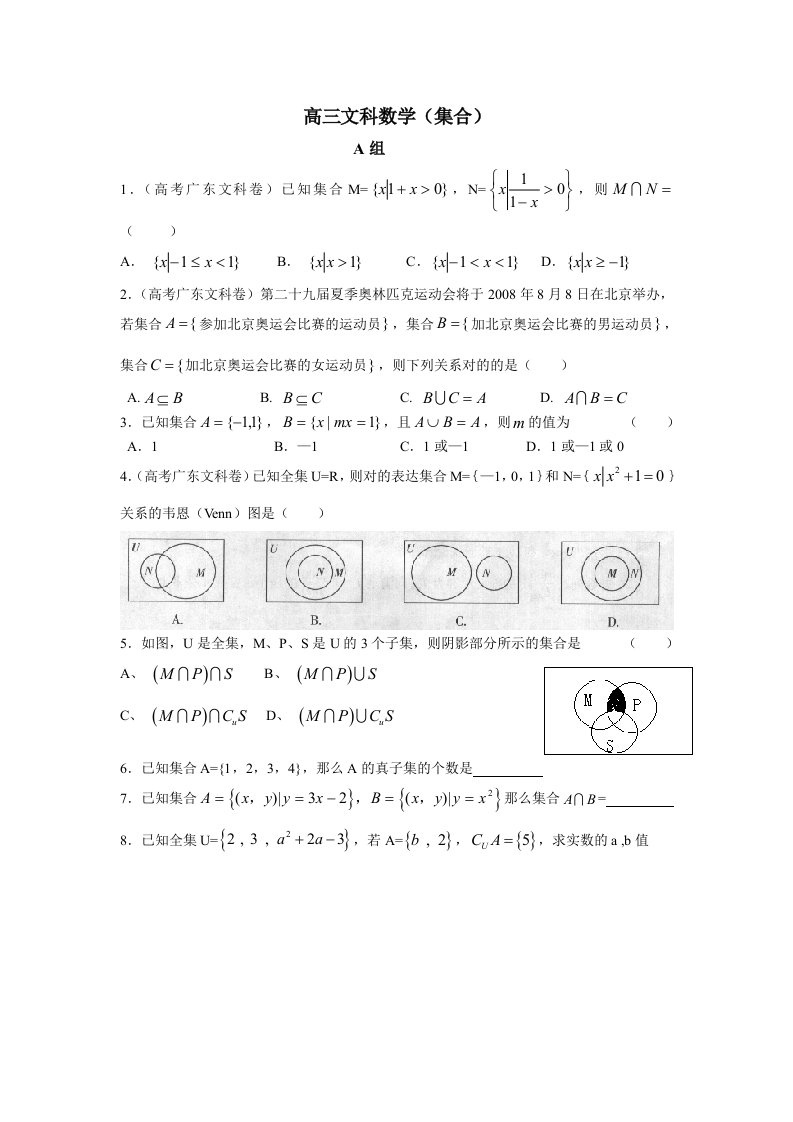 高三文科数学复习题集合