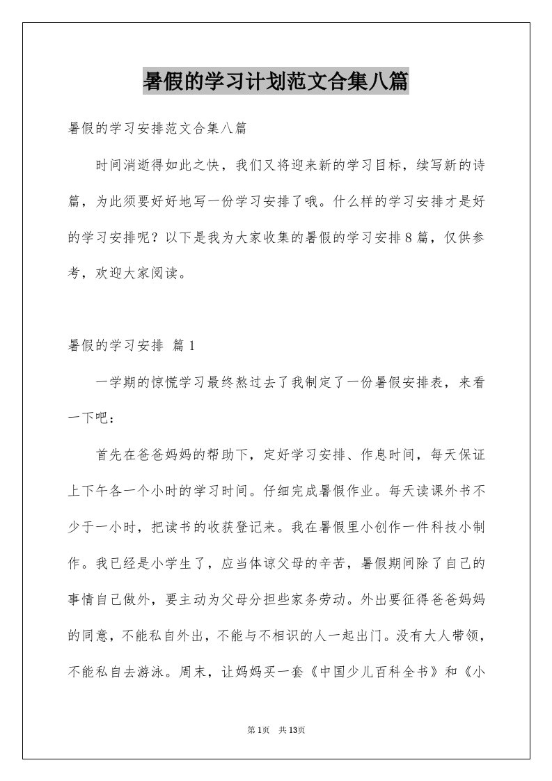 暑假的学习计划范文合集八篇