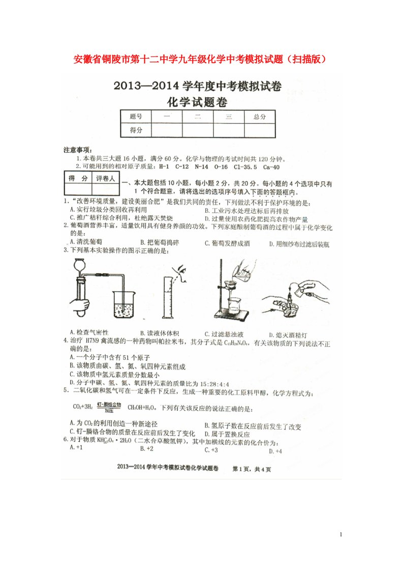 安徽省铜陵市第十二中学中考化学模拟试题（扫描版）