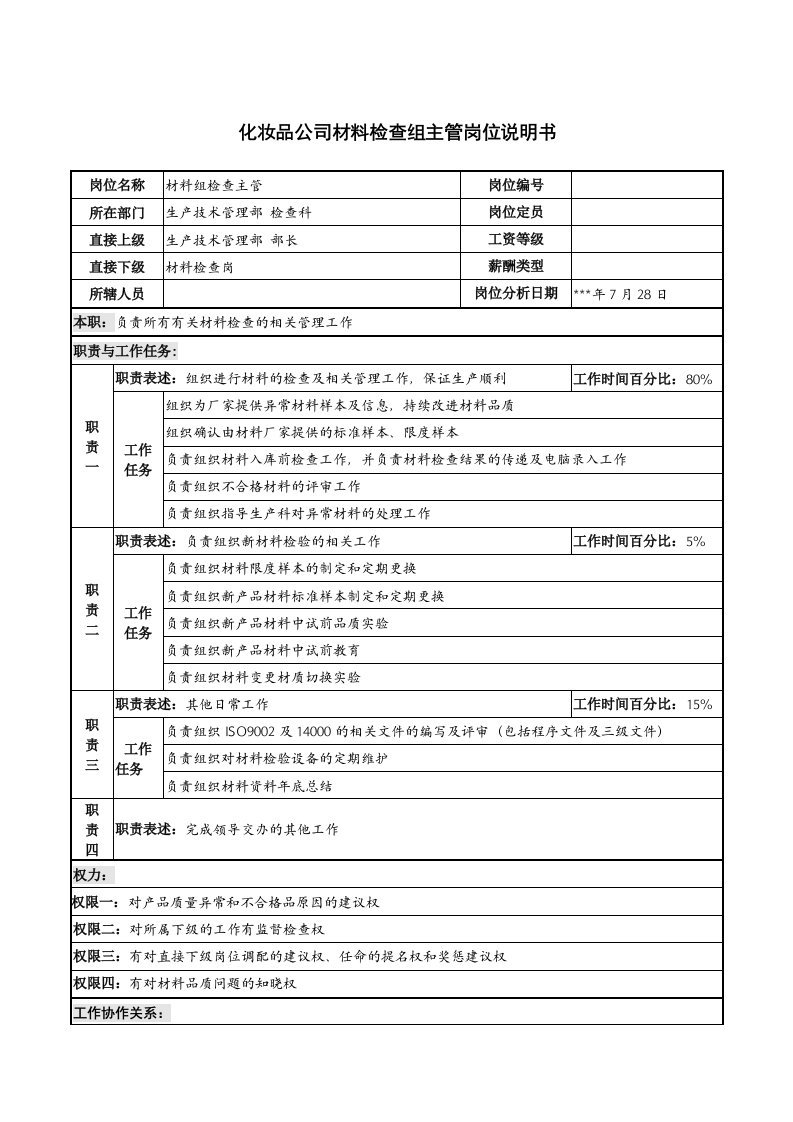 精选化妆品公司材料检查组主管岗位说明书