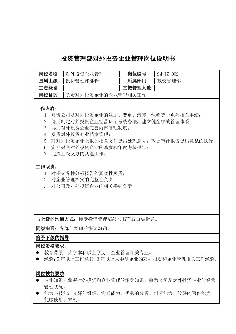 管理知识-三木集团投资管理部对外投资企业管理岗位说明书