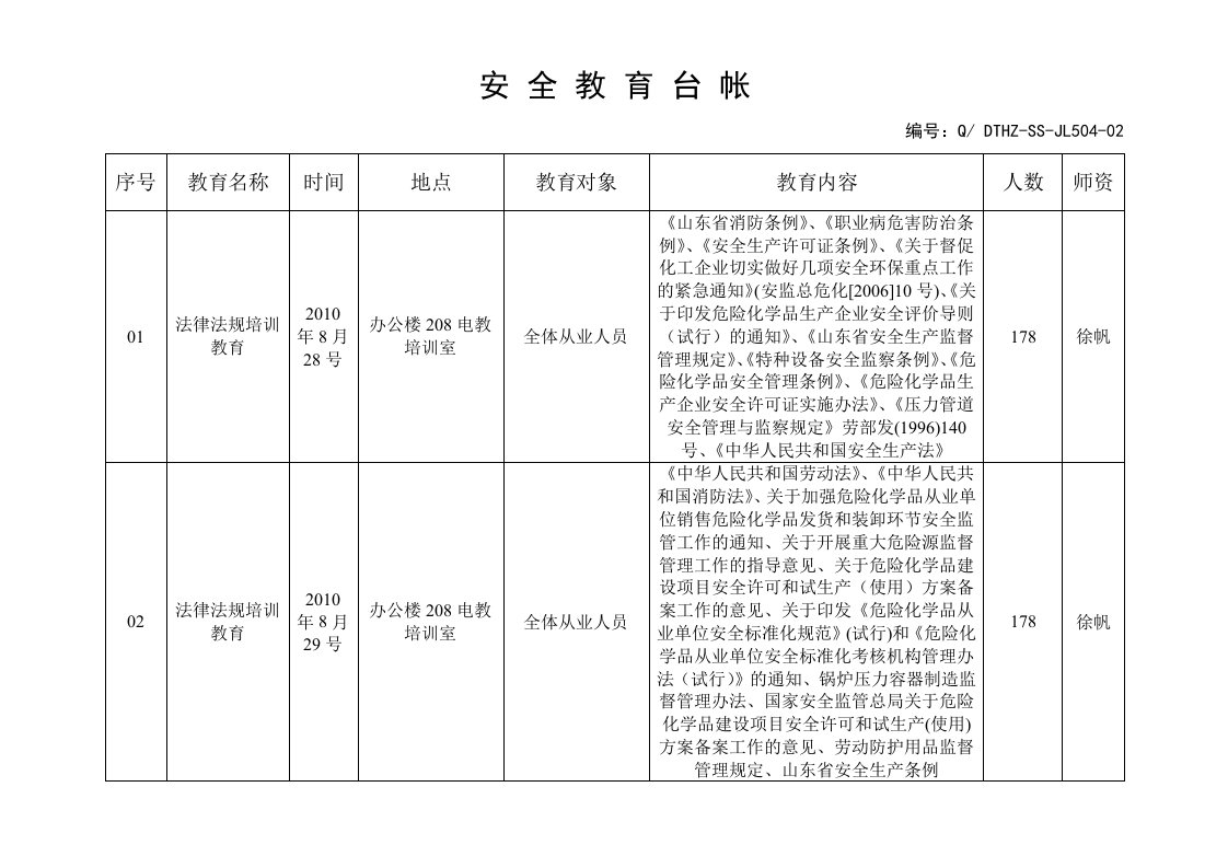 安全教育台帐