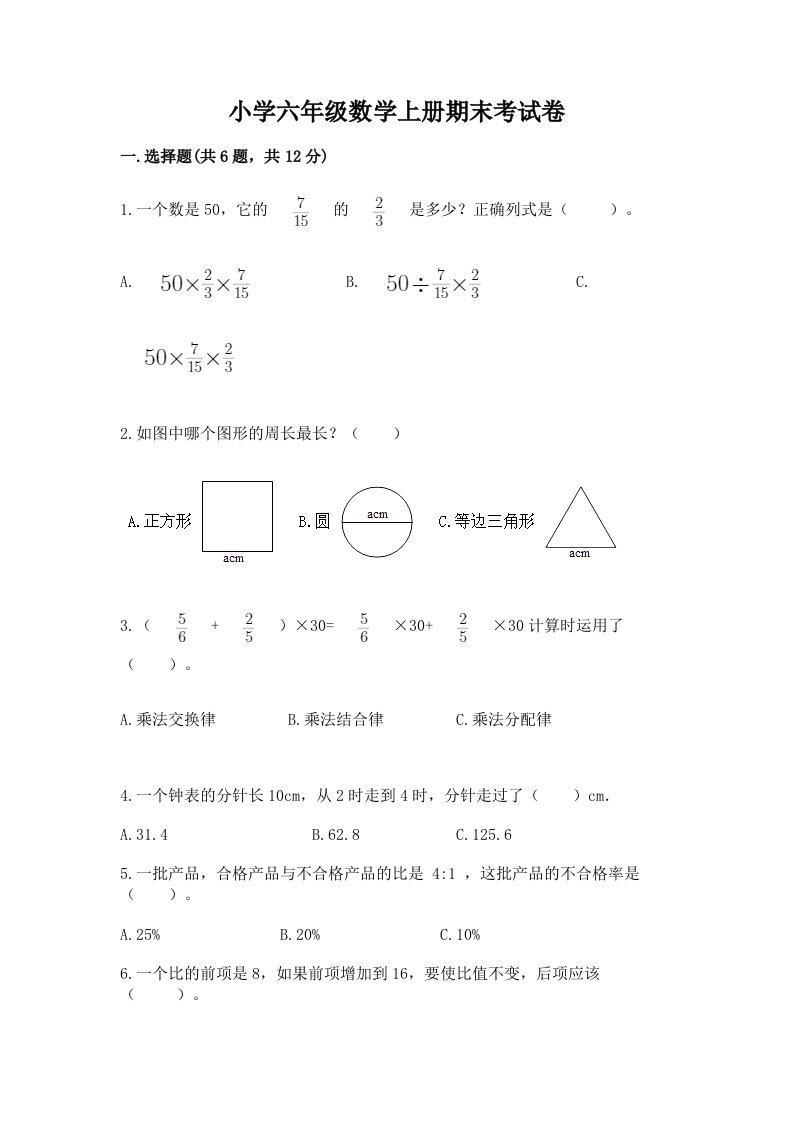 小学六年级数学上册期末考试卷带答案ab卷