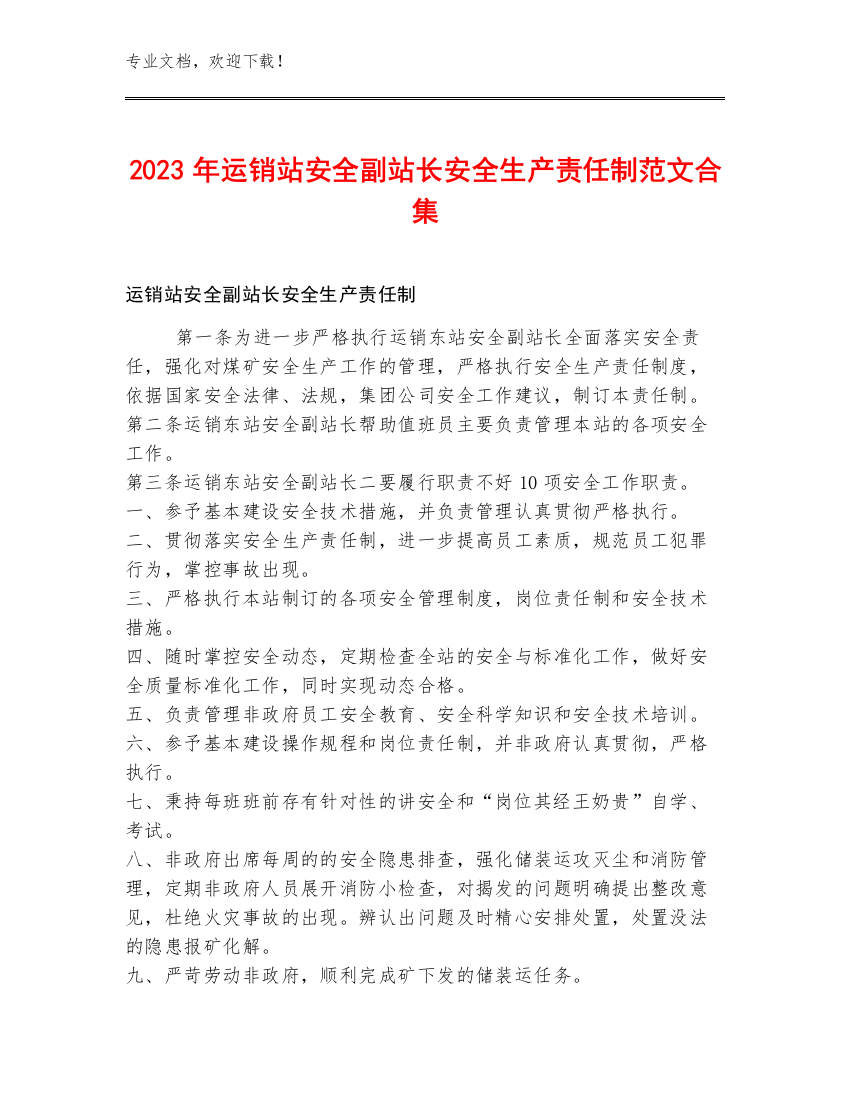 2023年运销站安全副站长安全生产责任制范文合集